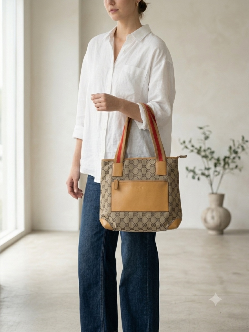 Vintage Gucci brown GG canvas tote with tan leather trim and red web straps